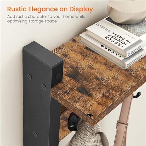 Homode Wall-Mounted Wood Wall Hooks with Shelf, 5 Metal Hooks Rustic Brown - Picture 6 of 7